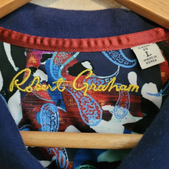 Robert Graham Mens Polo T-Shirt Size L Blue Striped Cotton Short Sleeve Collared - Picture 3 of 10